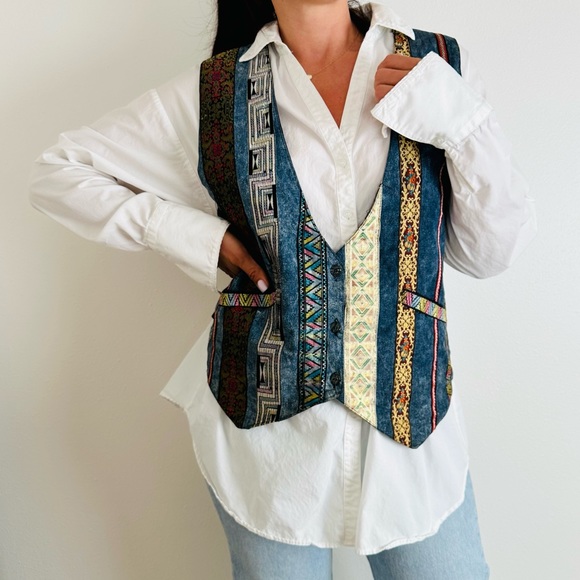 Vintage Jackets & Blazers - Vintage AGAPO 90’s Denim Tapestry Vest Retro Striped Top